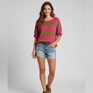 POL Pink & Brown Striped Short Sleeve Sweater Knit Top - Size L
